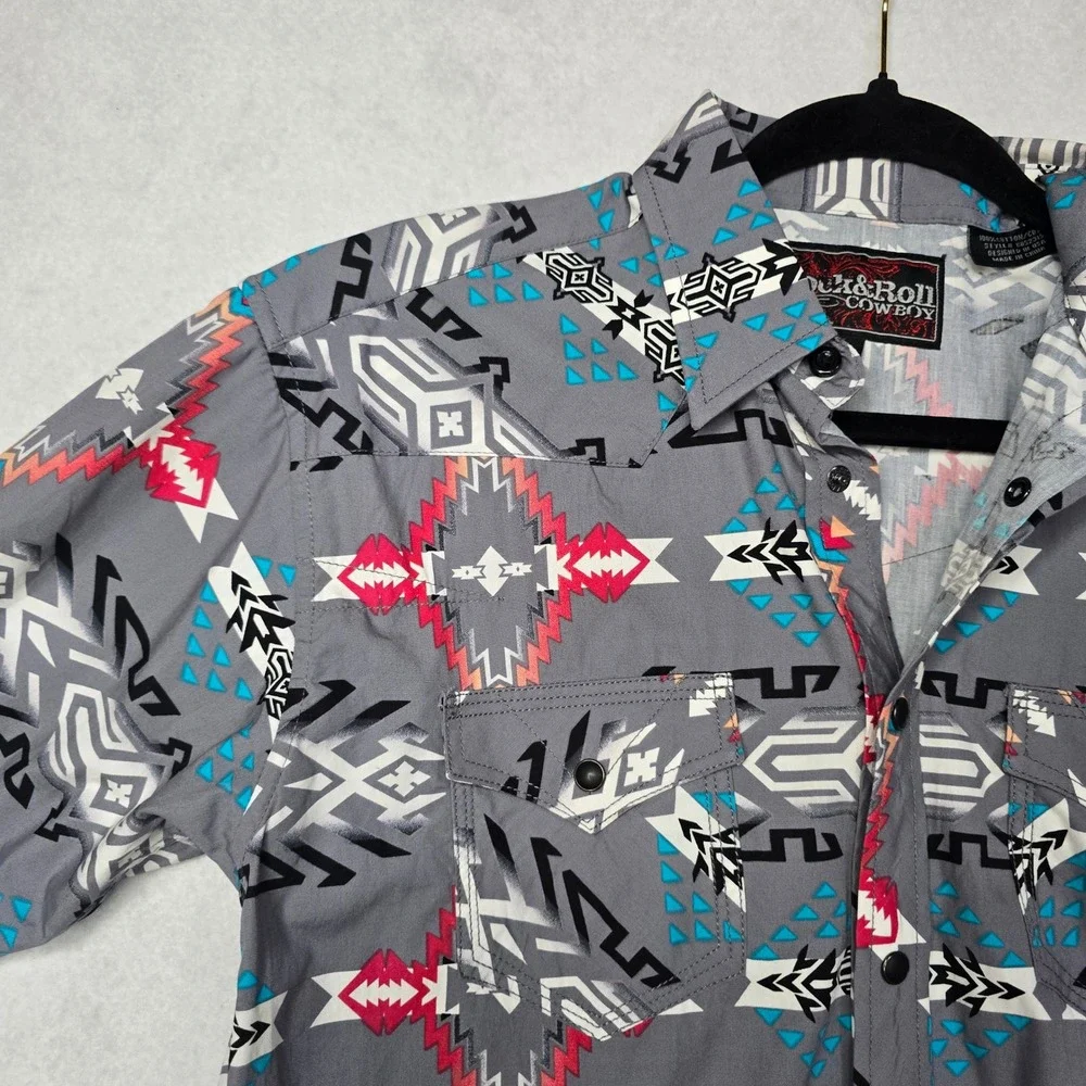 Rock & Roll Cowboy Boys XL Grey Aztec Western Snap Long Sleeve Shirt B8S2315